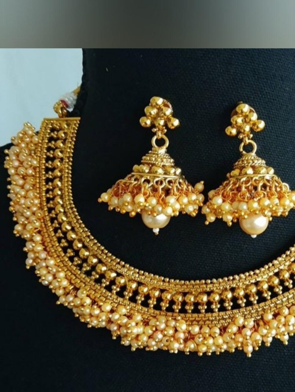 Gold Pearl Jhumka Necklace Set - Women Jewelry